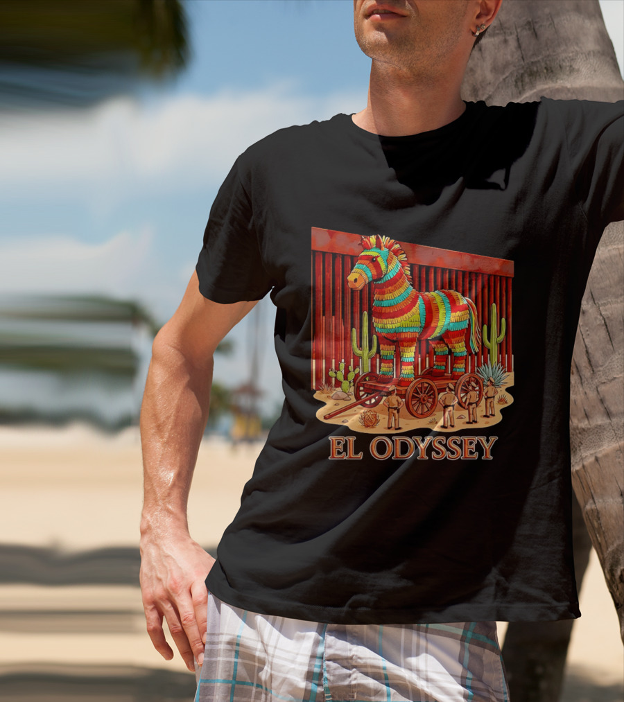 El Odyssey Piñata Horse Statue At Border With Cacti And Soldiers T-Shirt