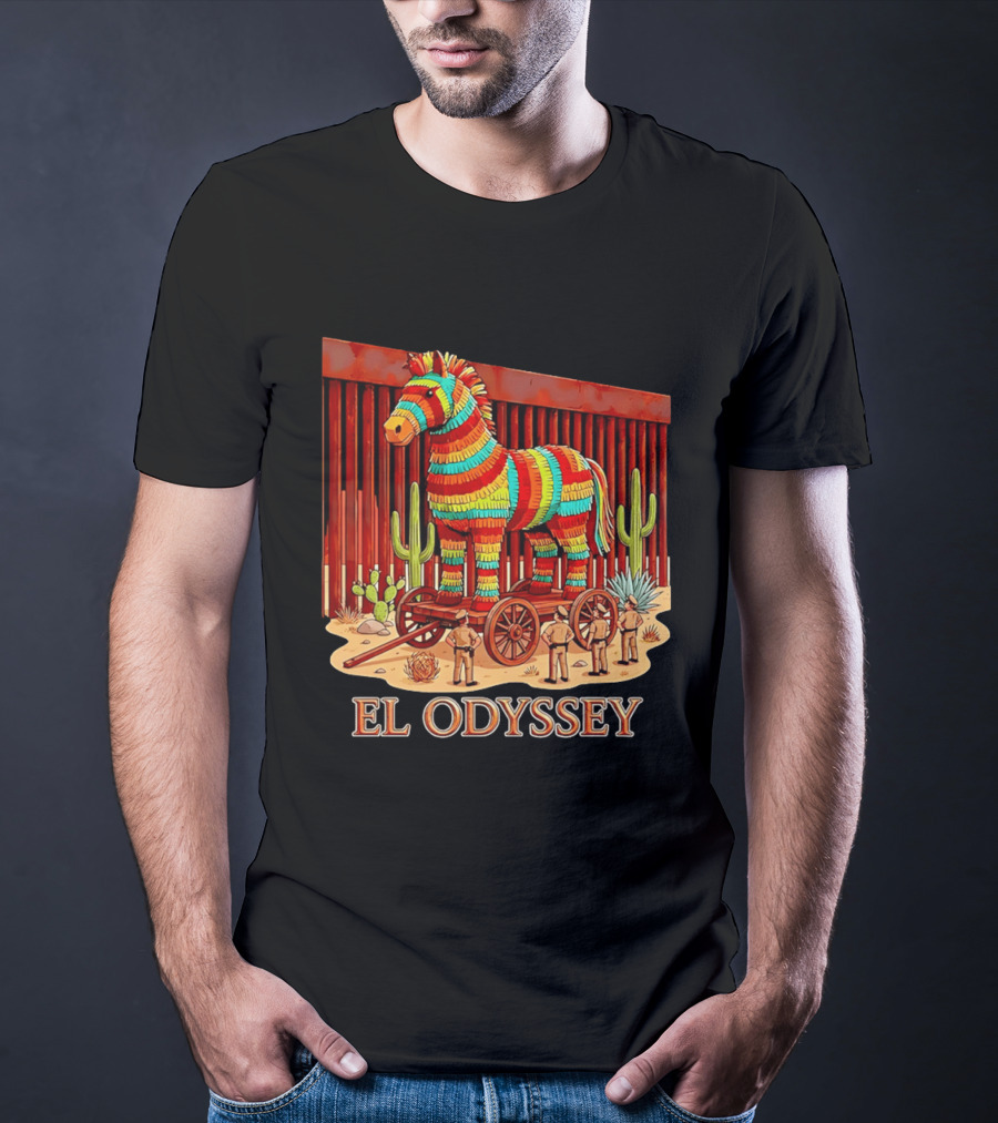 El Odyssey Piñata Horse Statue At Border With Cacti And Soldiers T-Shirt