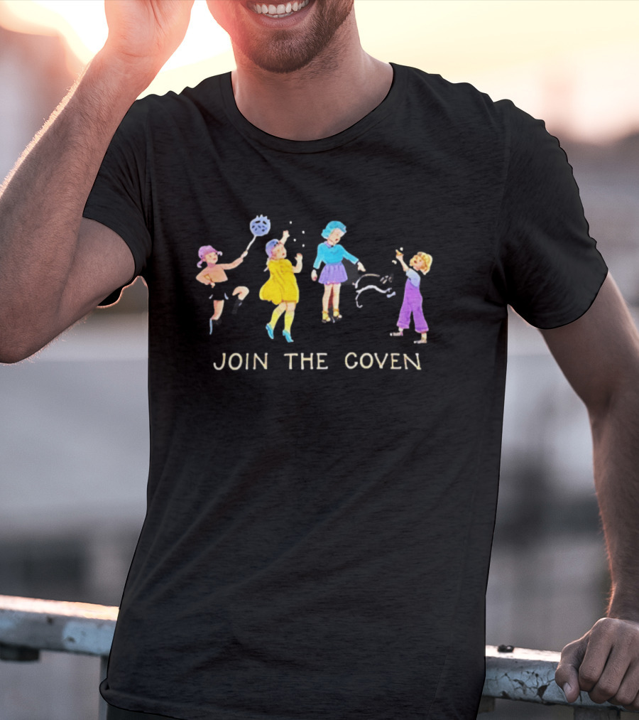 Join The Coven Funny Retro Witchy Kids Playing With Black Cat T-Shirt