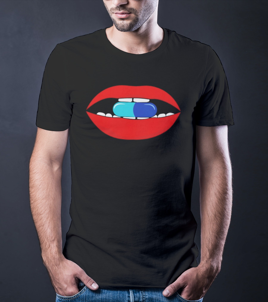 Red Lips Blue And Cyan Pill Bite T-Shirt