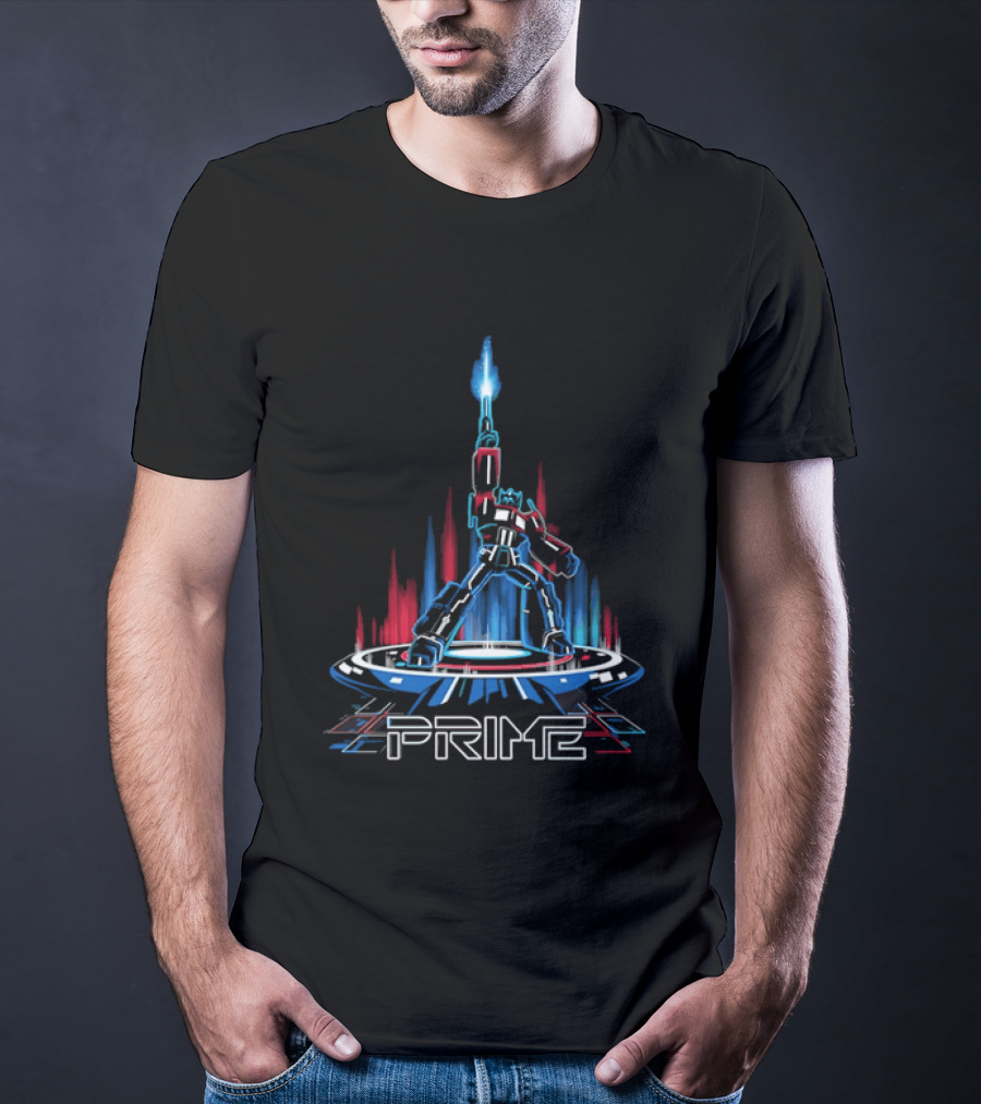 Prime Neon Robot Raising Glowing Light Beam Circular Platform T-Shirt