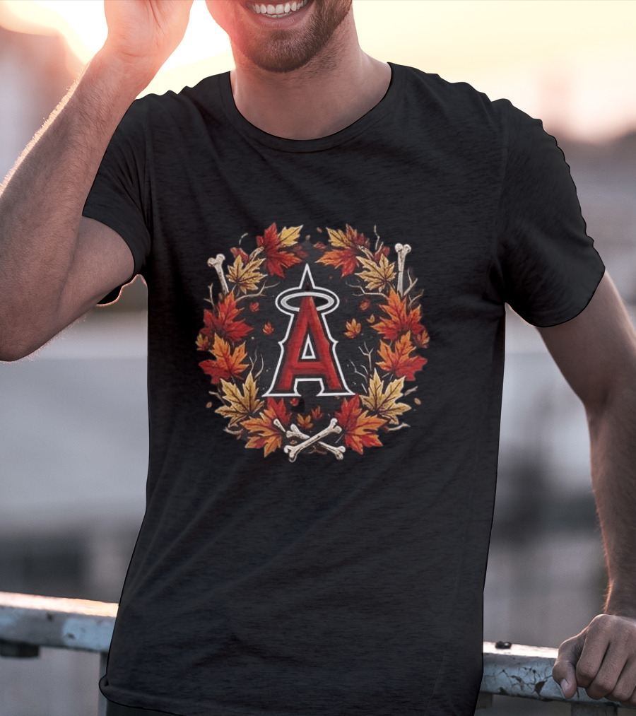 Los Angeles Angels Maple Leaves Skull Crossed Bats Baseballs Halloween T-Shirt