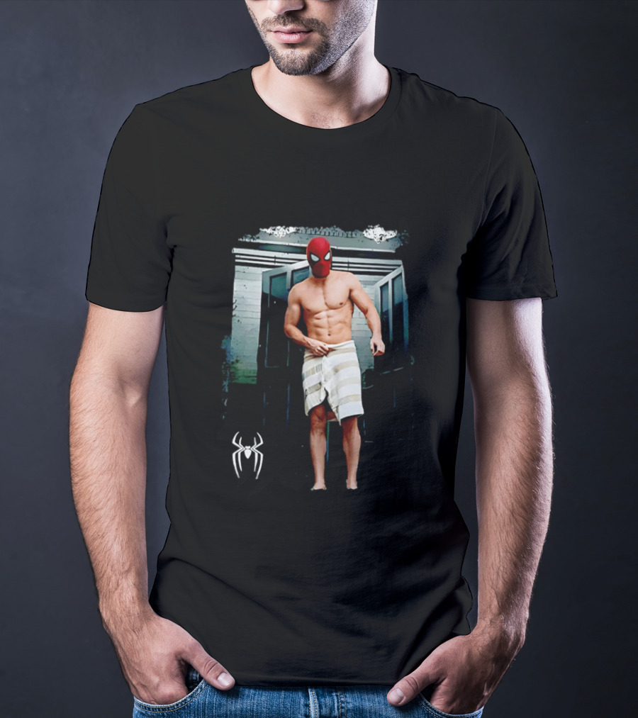 Spider Man Masked Figure In Towel Scene With Iconic White Spider T-Shirt