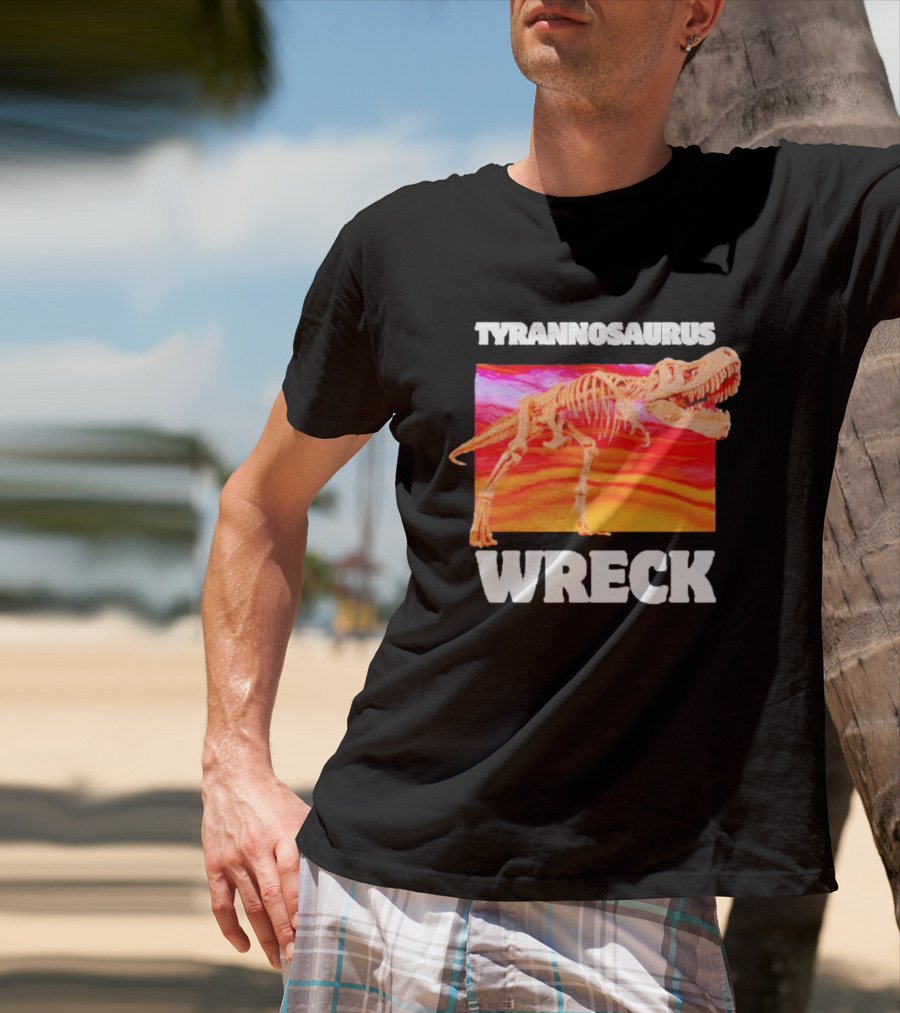 Tyrannosaurus Wreck Dinosaur Pun With Rex Skeleton On Sunset T-Shirt