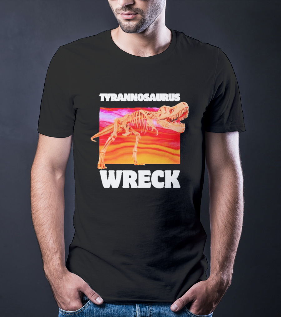 Tyrannosaurus Wreck Dinosaur Pun With Rex Skeleton On Sunset T-Shirt