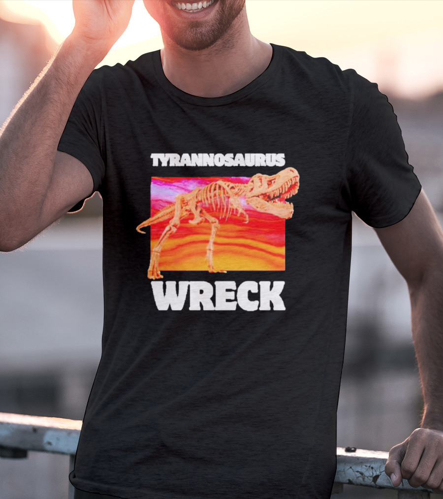 Tyrannosaurus Wreck Dinosaur Pun With Rex Skeleton On Sunset T-Shirt