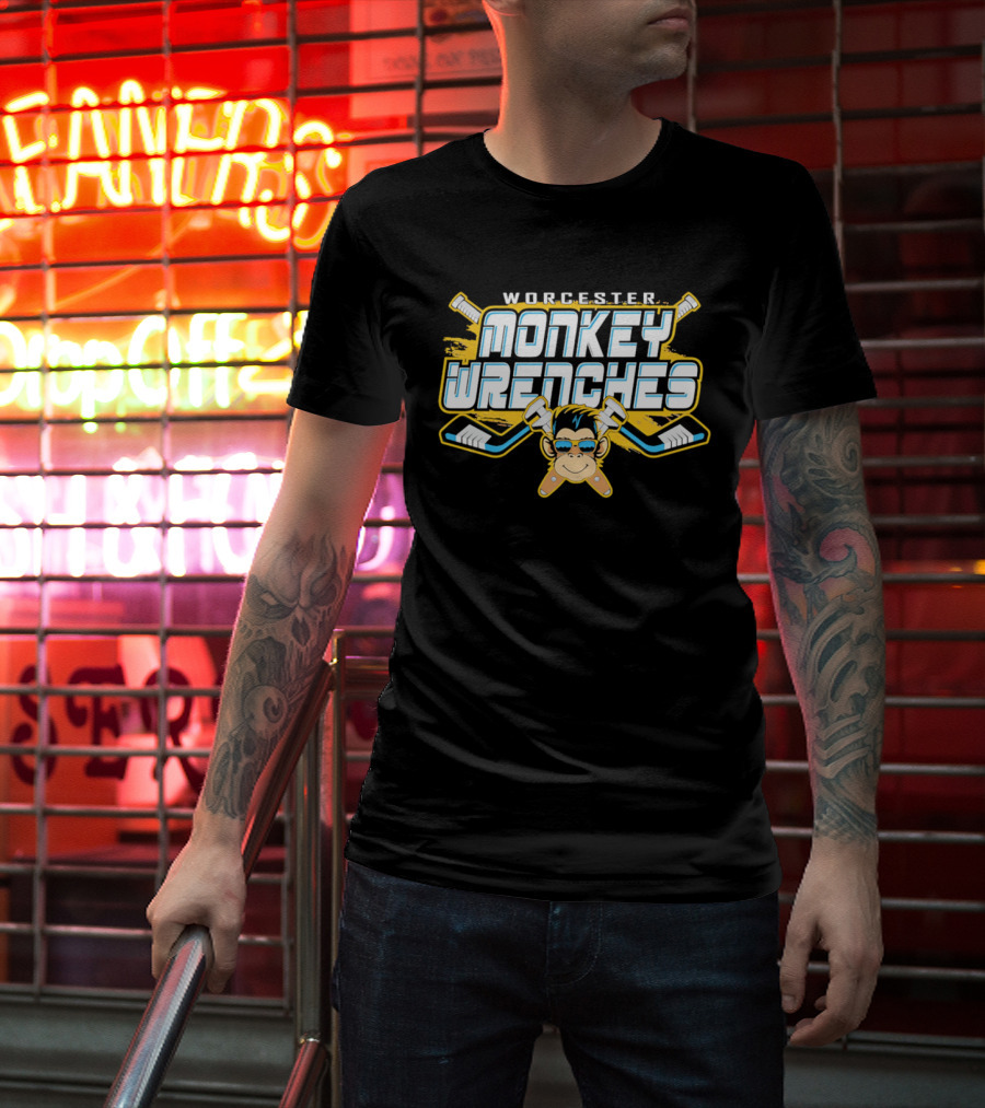 Worcester Monkey Wrenches Hockey Player Monkey With Crossed Wrenches And Hockey Sticks T-Shirt