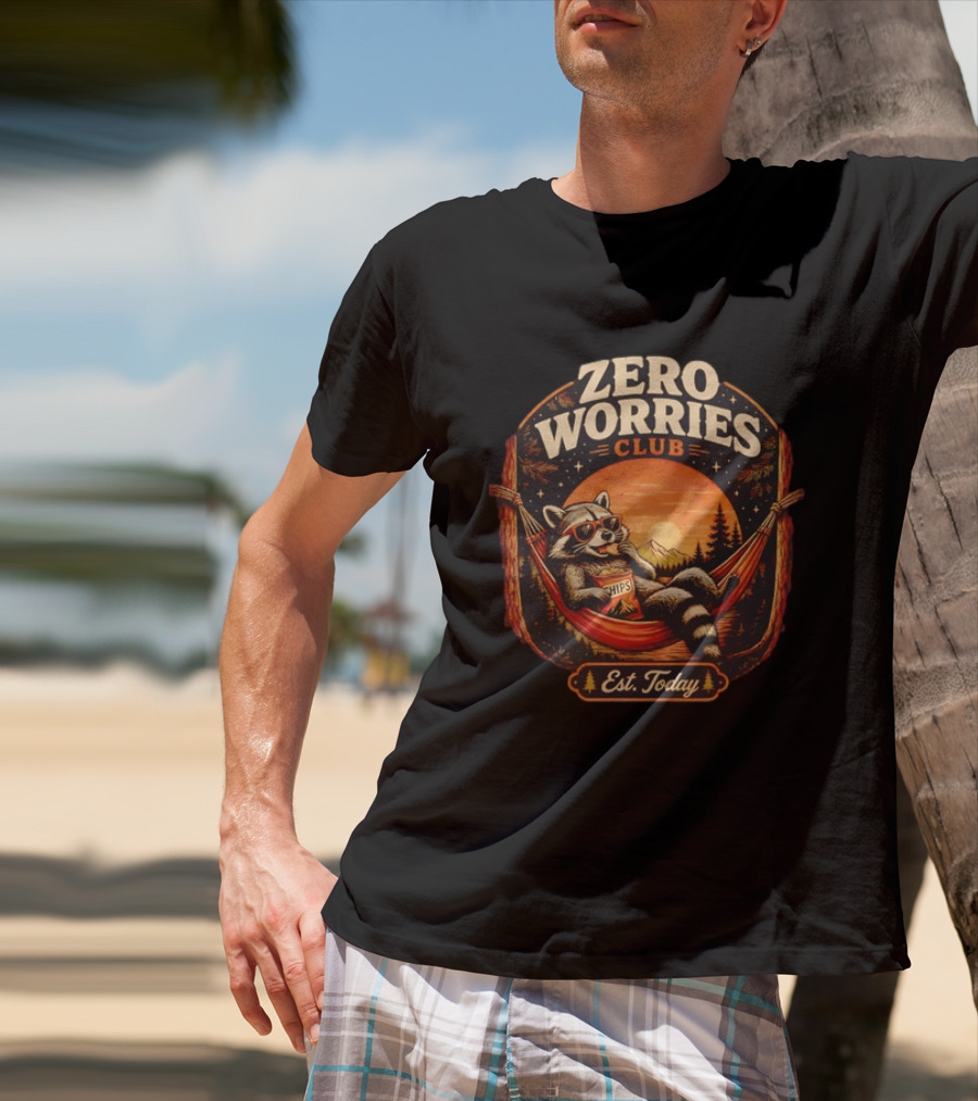 Zero Worries Club Raccoon Relaxing In Hammock Eating Chips At Sunset T-Shirt