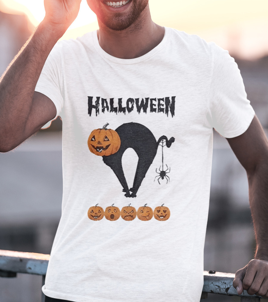 Halloween Pumpkin Cat Black Spider Five Jack O' Lanterns T-Shirt