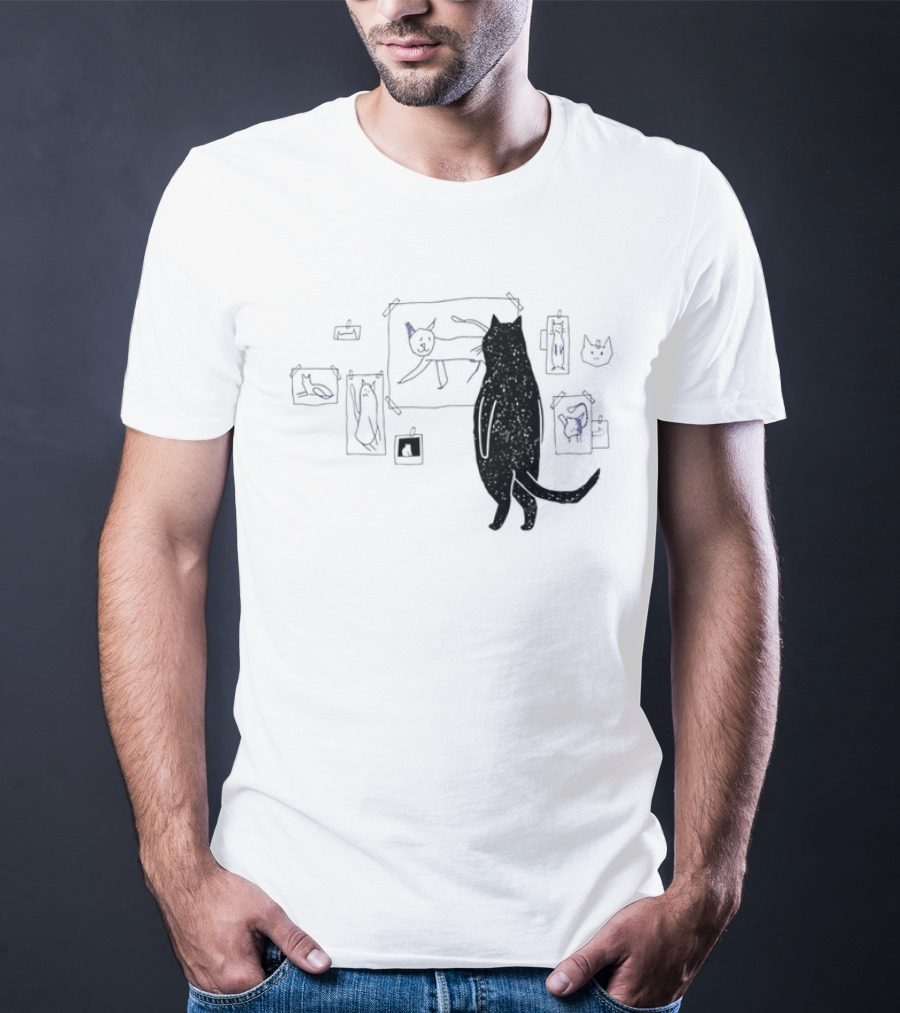Black Cat Standing Looking At Sketches Line Drawing Wall Gallery T-Shirt