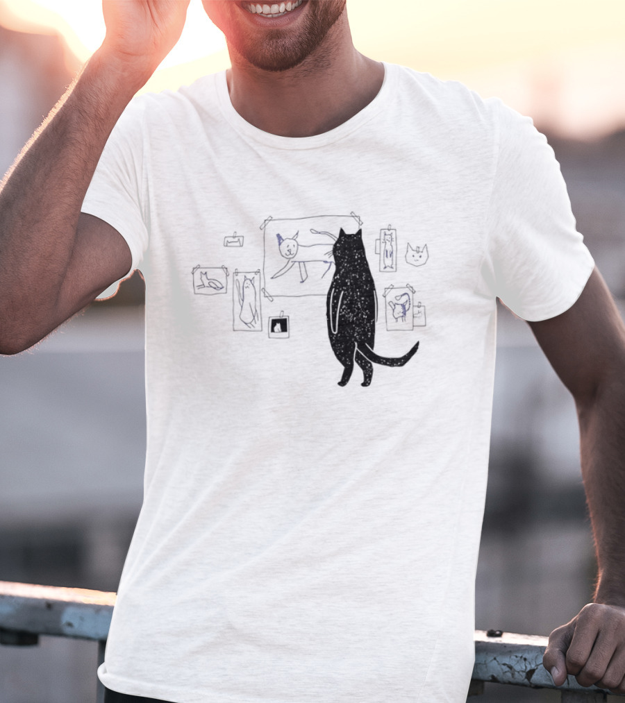 Black Cat Standing Looking At Sketches Line Drawing Wall Gallery T-Shirt