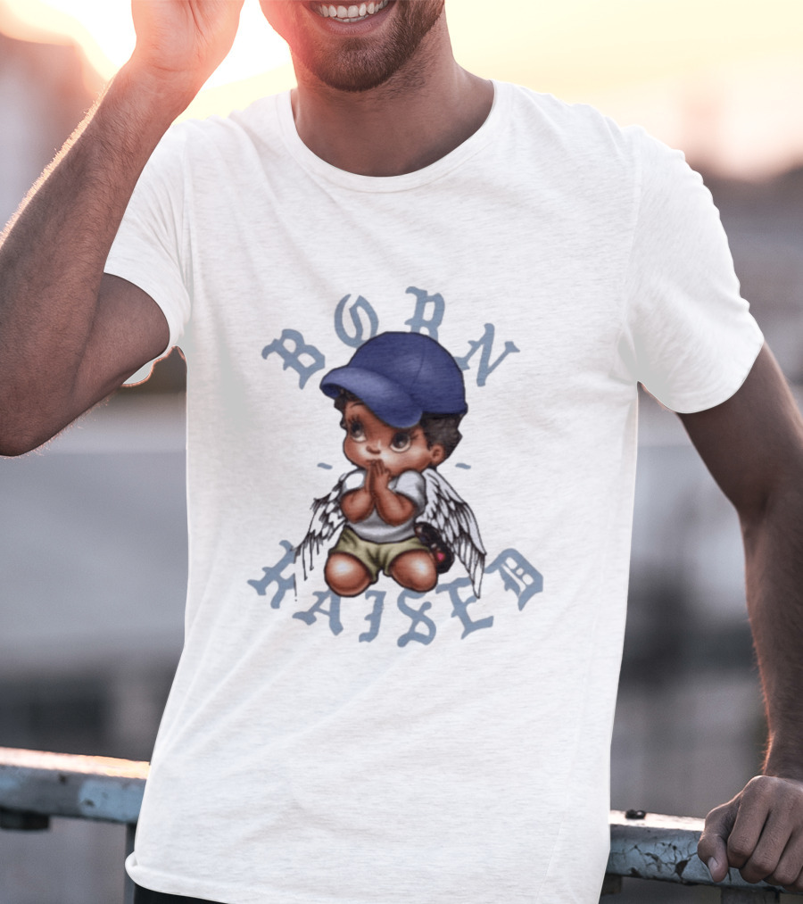 Born X Raised El Angel Cherub Praying With Wings And Cap T-Shirt