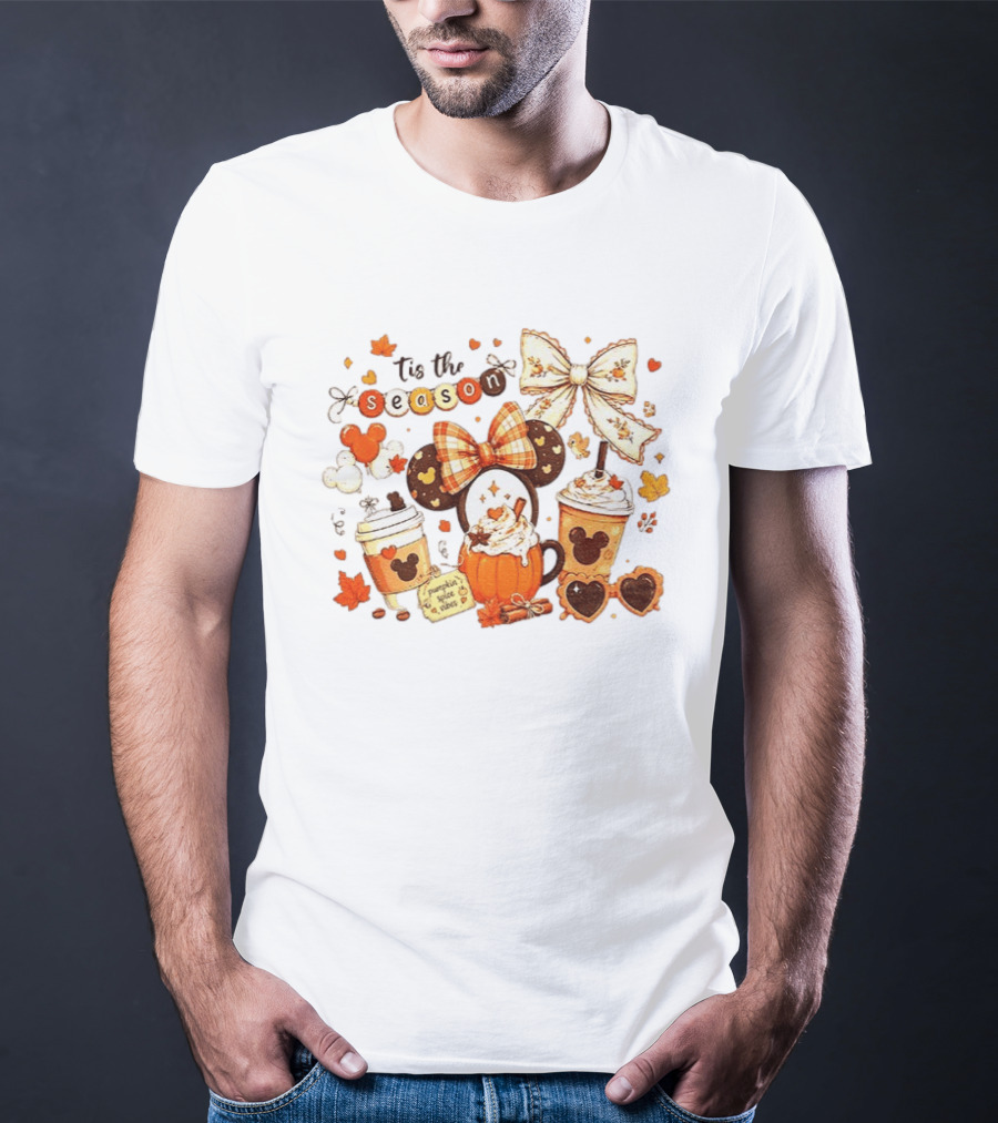 Tis The Season Disney Pumpkin Spice Autumn Coffee Ears And Bows T-Shirt