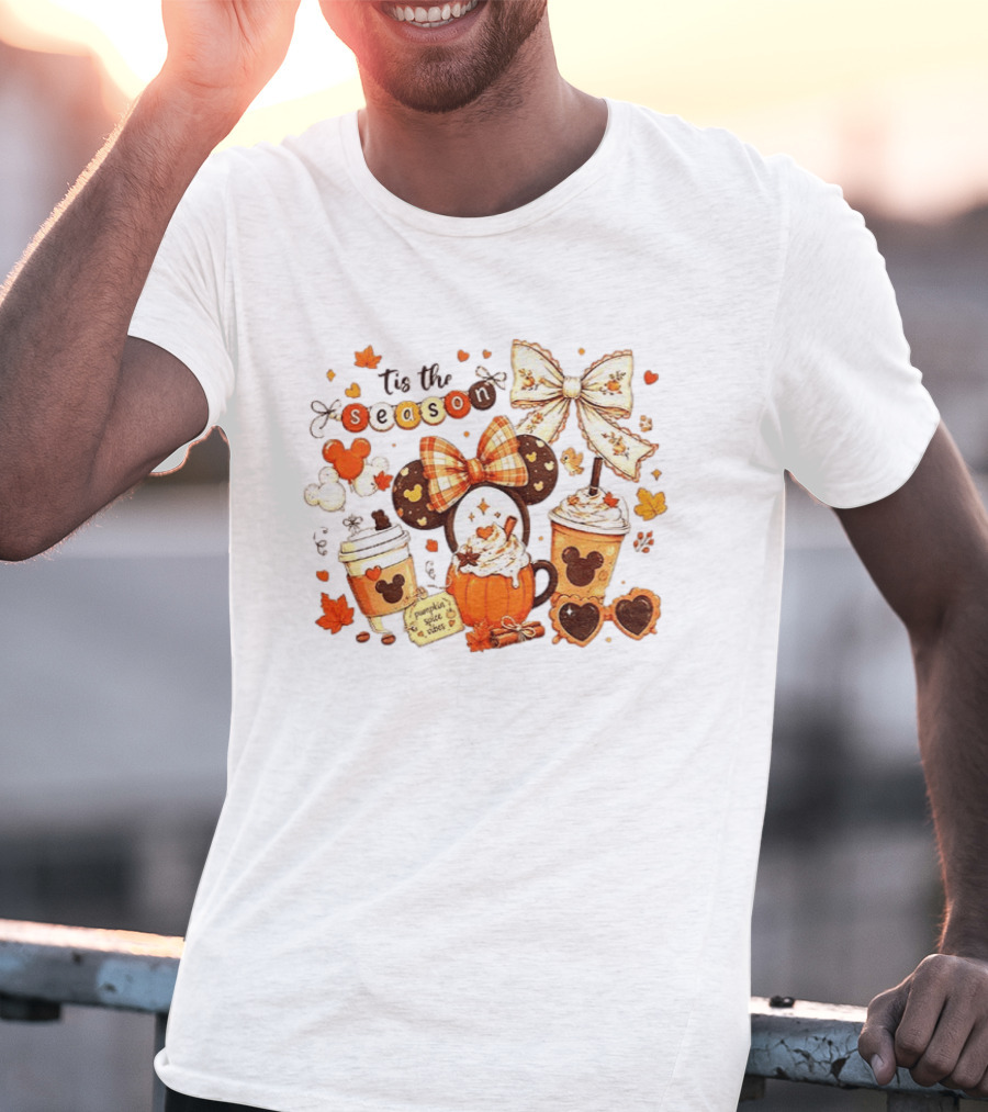 Tis The Season Disney Pumpkin Spice Autumn Coffee Ears And Bows T-Shirt