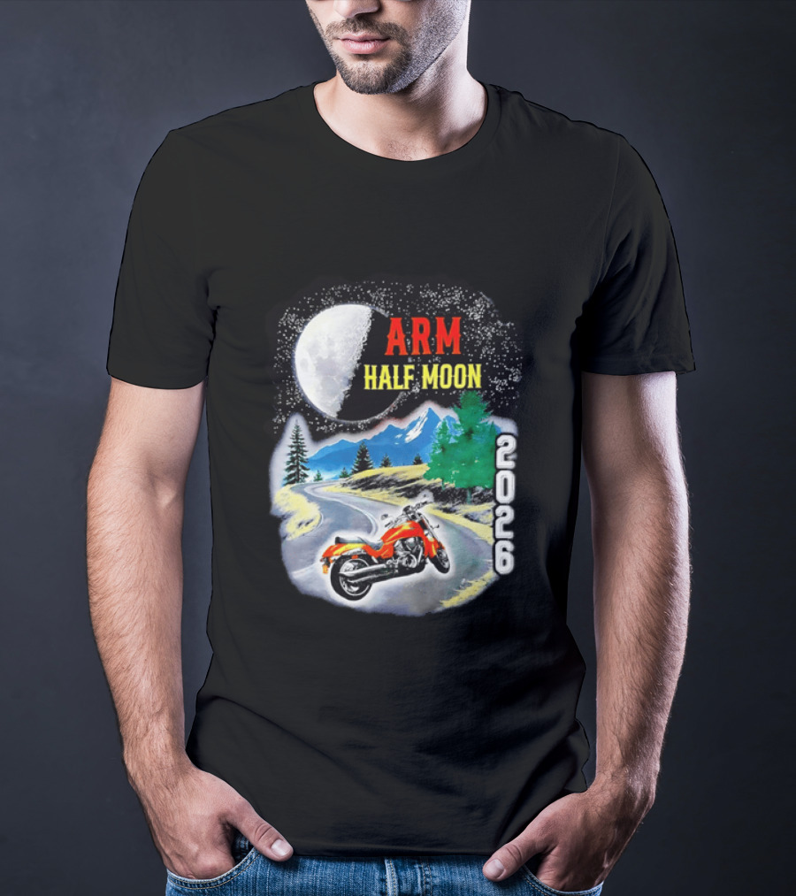 Arm Half Moon 2026 Orange Motorcycle Winding Mountain Road Night Sky T-Shirt