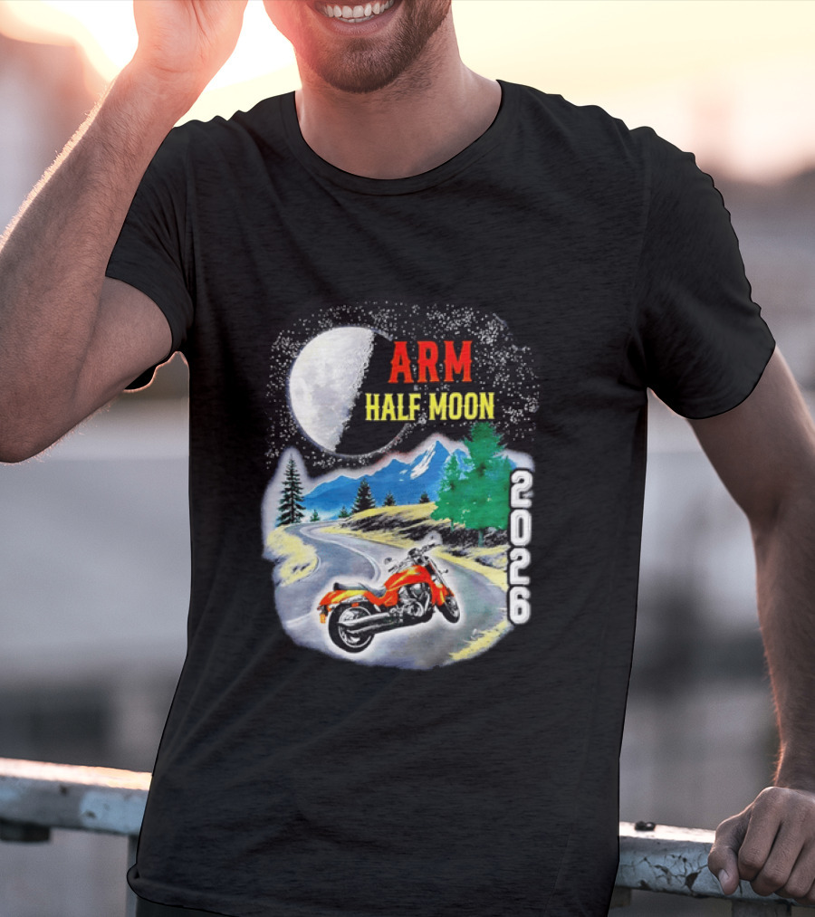 Arm Half Moon 2026 Orange Motorcycle Winding Mountain Road Night Sky T-Shirt