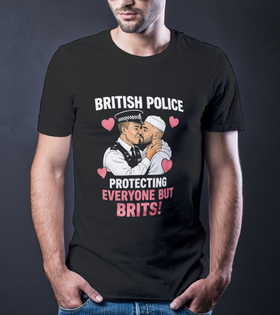 British Police Protecting Everyone But Brits Kissing Illustration With Hearts T-Shirt