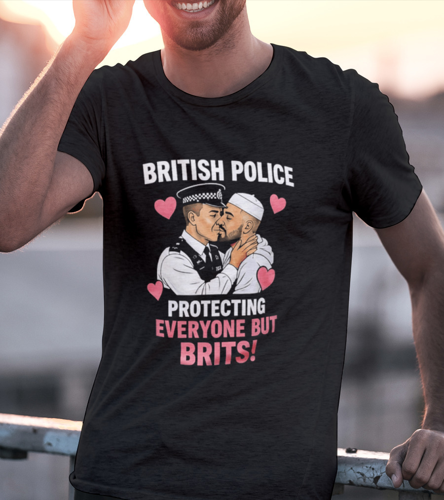 British Police Protecting Everyone But Brits Kissing Illustration With Hearts T-Shirt