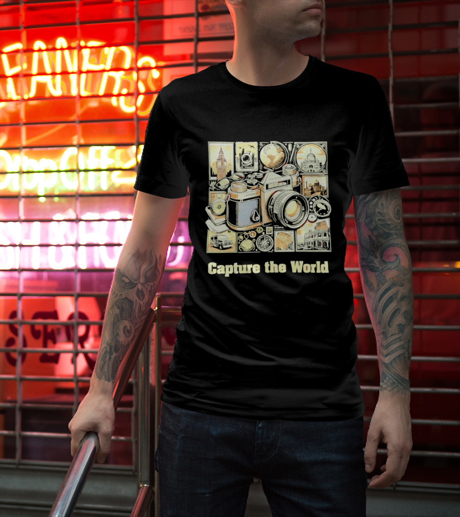 Capture The World Camera Globe Travel Landmarks Compass T-Shirt