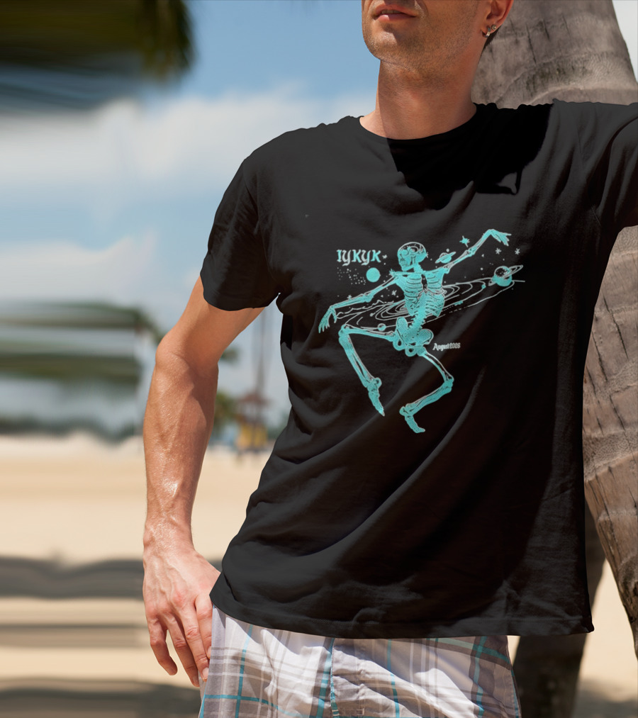 Iykyk August 2026 Cyan Dancing Skeleton With Space Orbit Sketch T-Shirt
