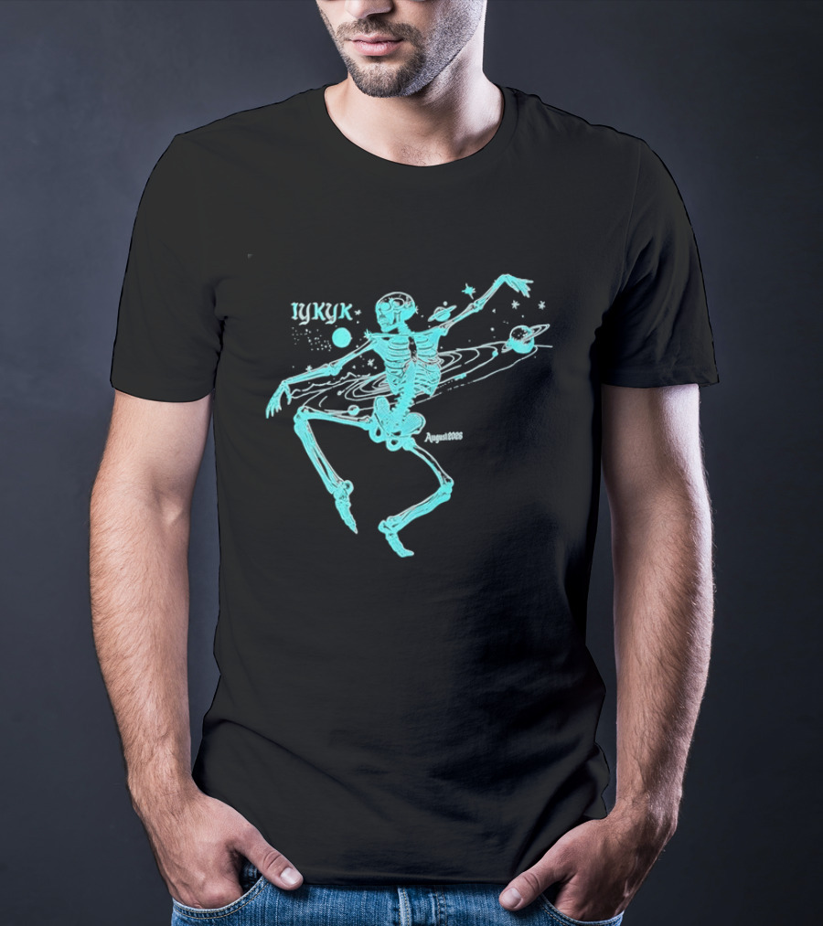 Iykyk August 2026 Cyan Dancing Skeleton With Space Orbit Sketch T-Shirt
