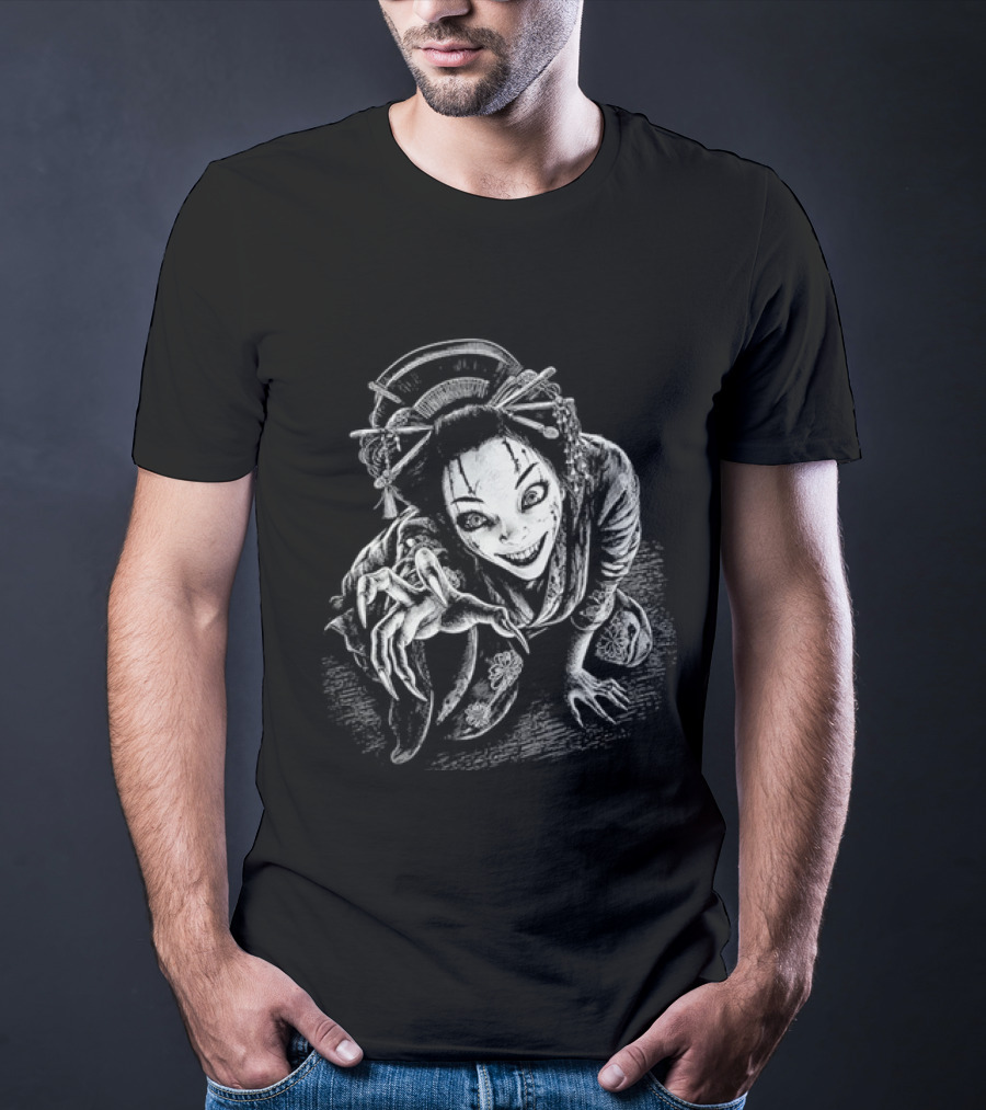 Creepy Demonic Yokai Geisha Crawling Sharp Claws Drawing T-Shirt