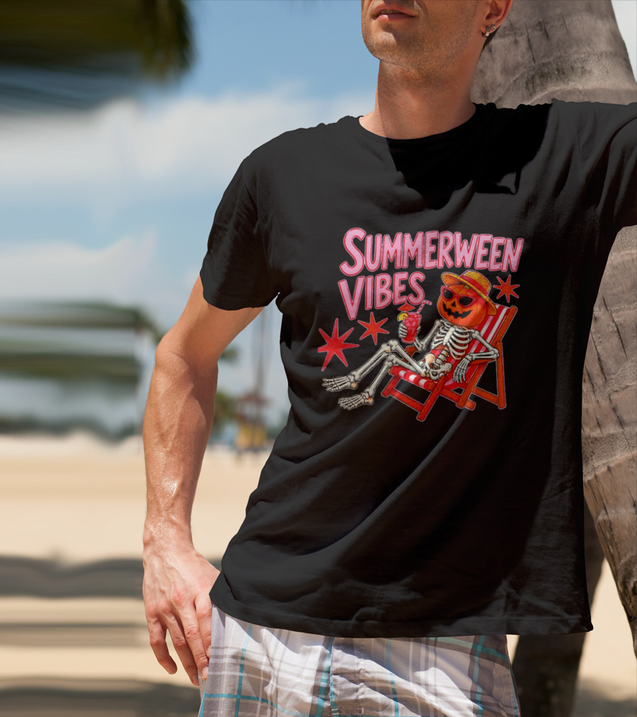Summerween Vibes Skeleton Pumpkin Sunglasses Lounge Chair Drink T-Shirt