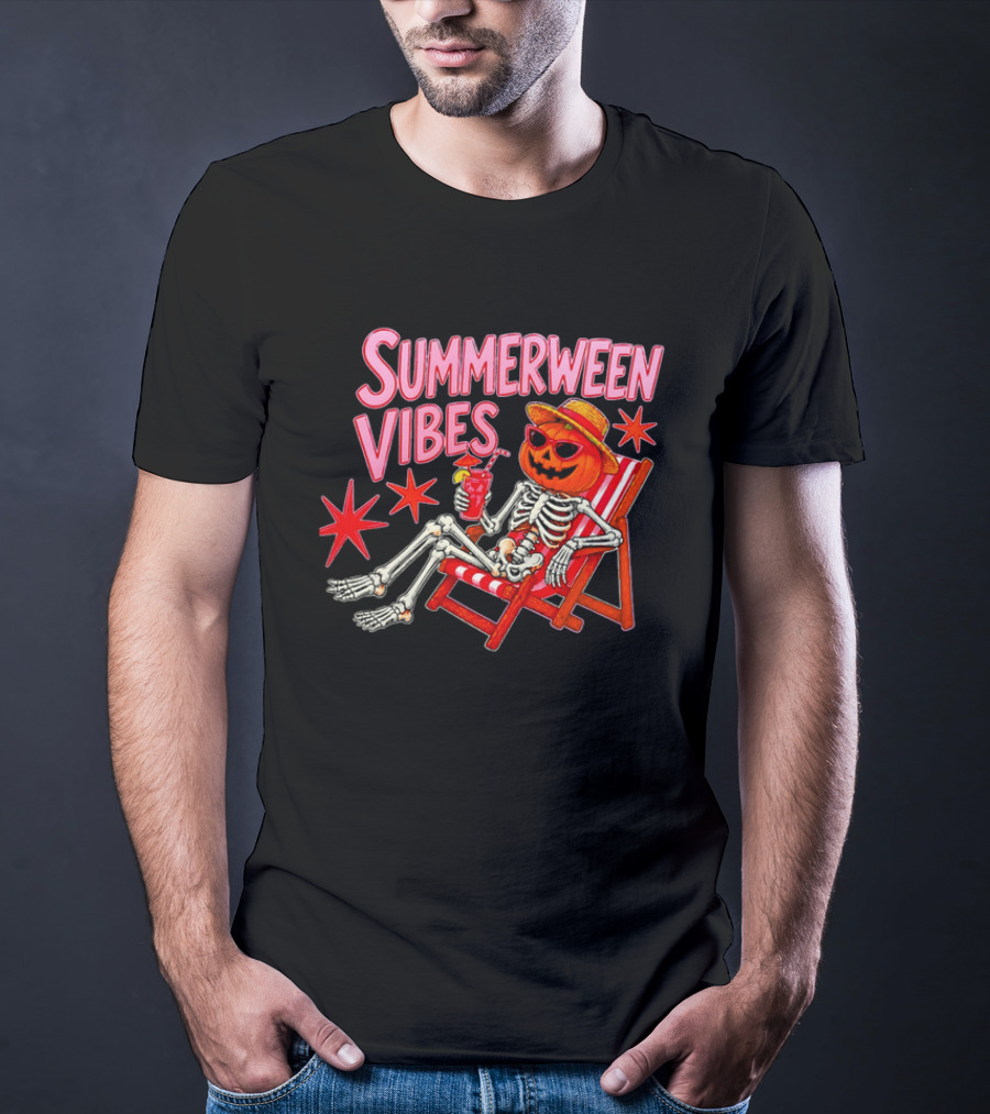 Summerween Vibes Skeleton Pumpkin Sunglasses Lounge Chair Drink T-Shirt