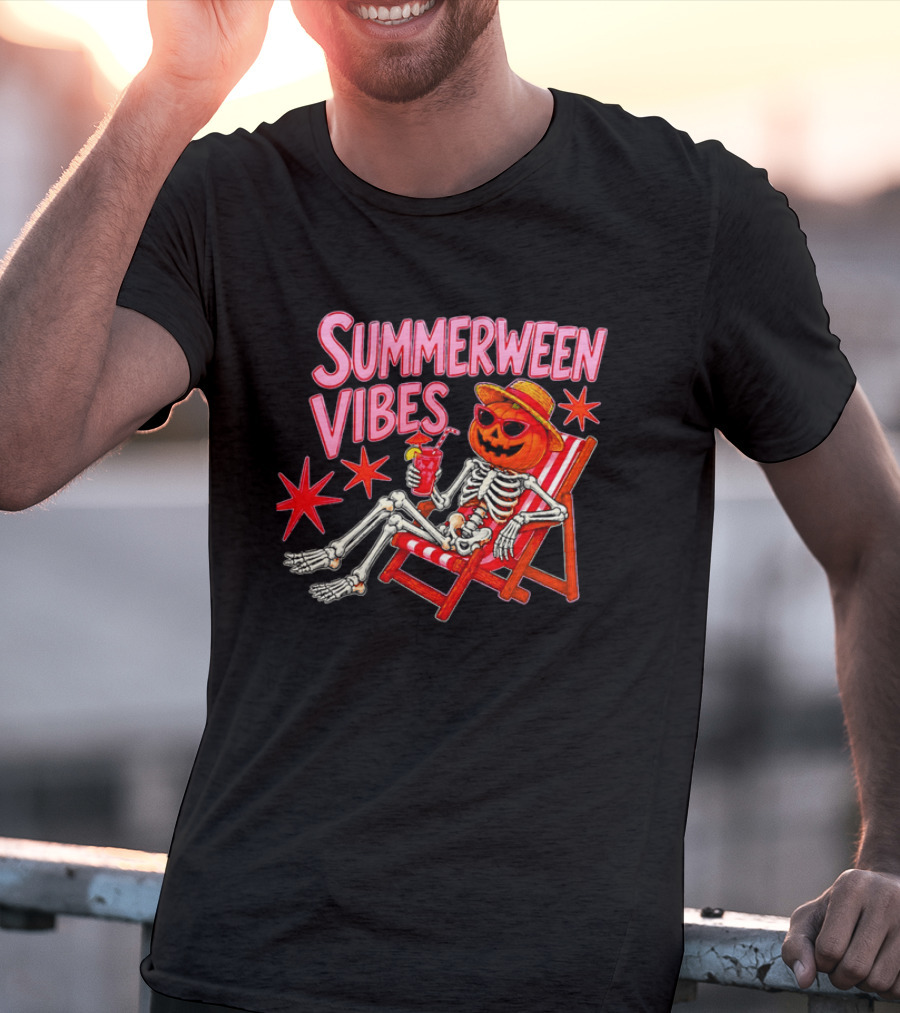Summerween Vibes Skeleton Pumpkin Sunglasses Lounge Chair Drink T-Shirt