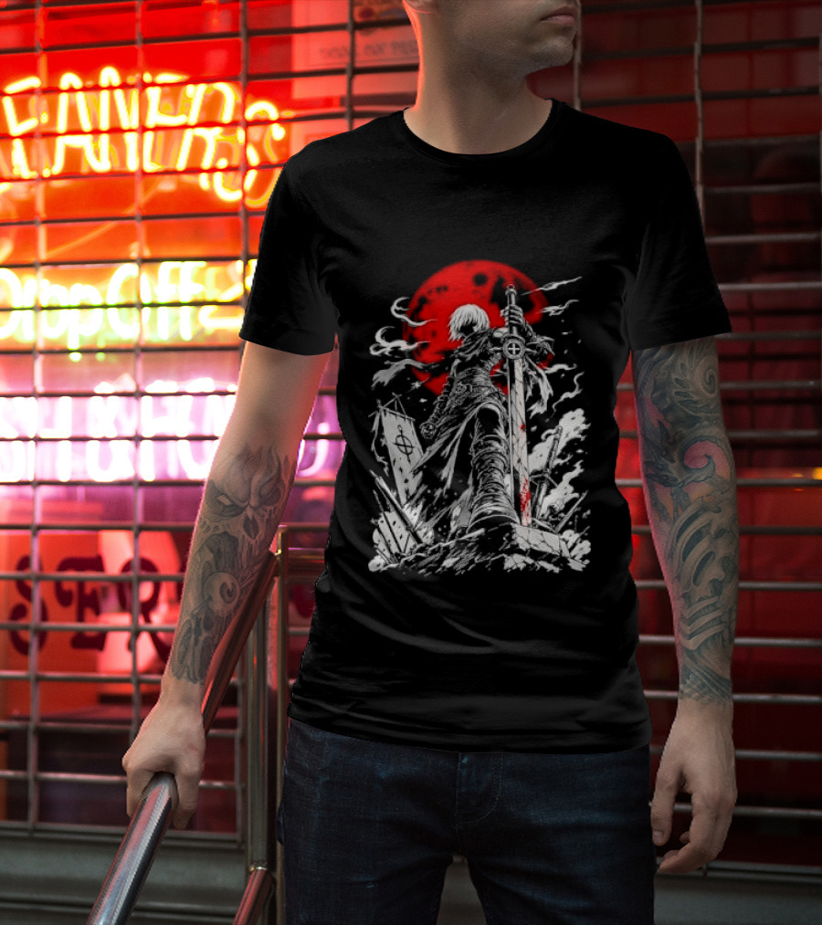 Dark Fantasy Warrior Bloody Sword Red Moon Battlefield Epic Scene T-Shirt