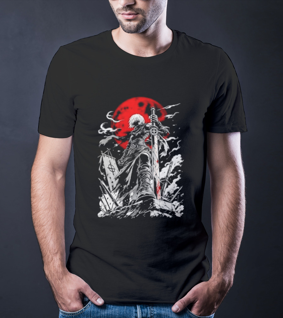Dark Fantasy Warrior Bloody Sword Red Moon Battlefield Epic Scene T-Shirt