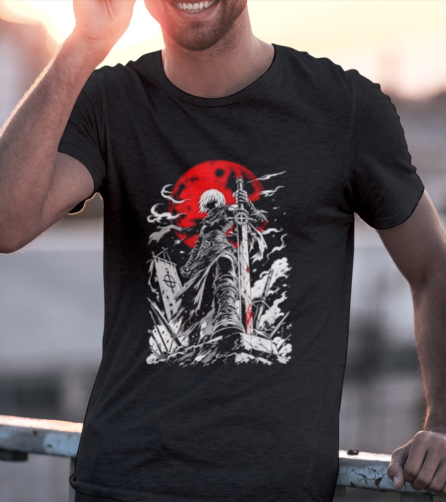 Dark Fantasy Warrior Bloody Sword Red Moon Battlefield Epic Scene T-Shirt