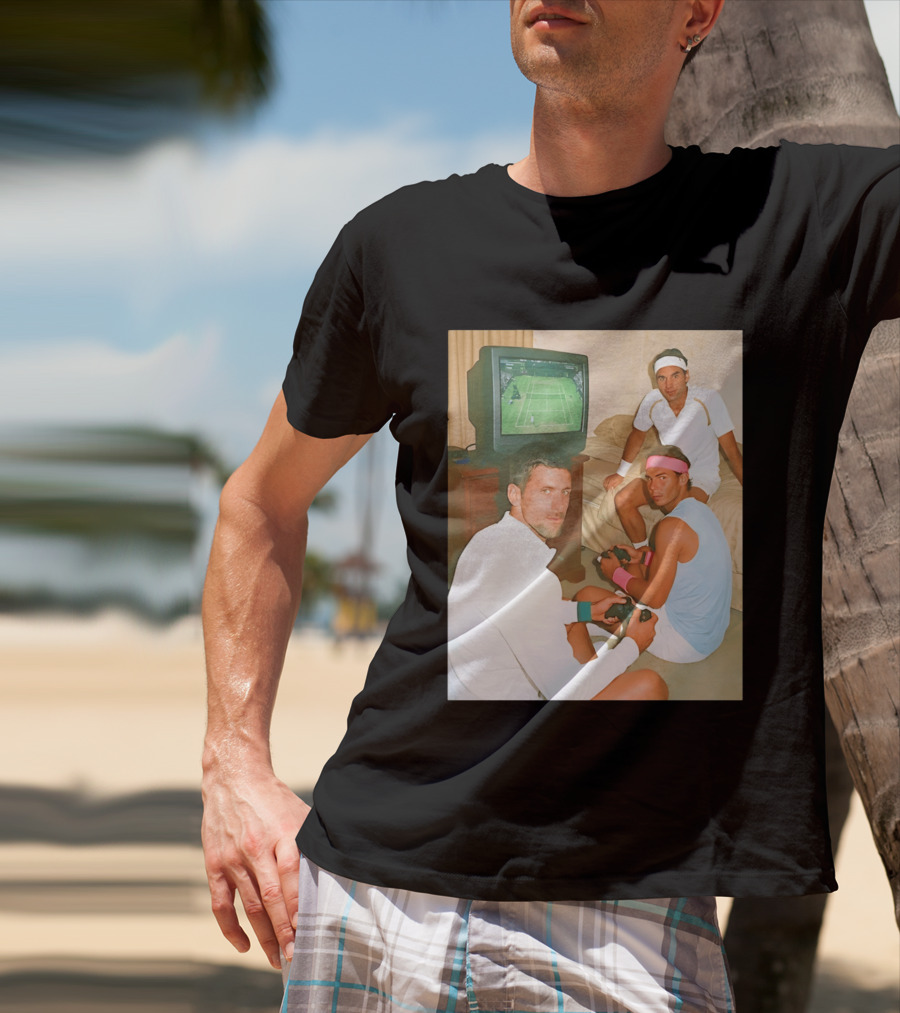 Novak Djokovic Rafael Nadal Roger Federer Playing Tennis Video Game T-Shirt