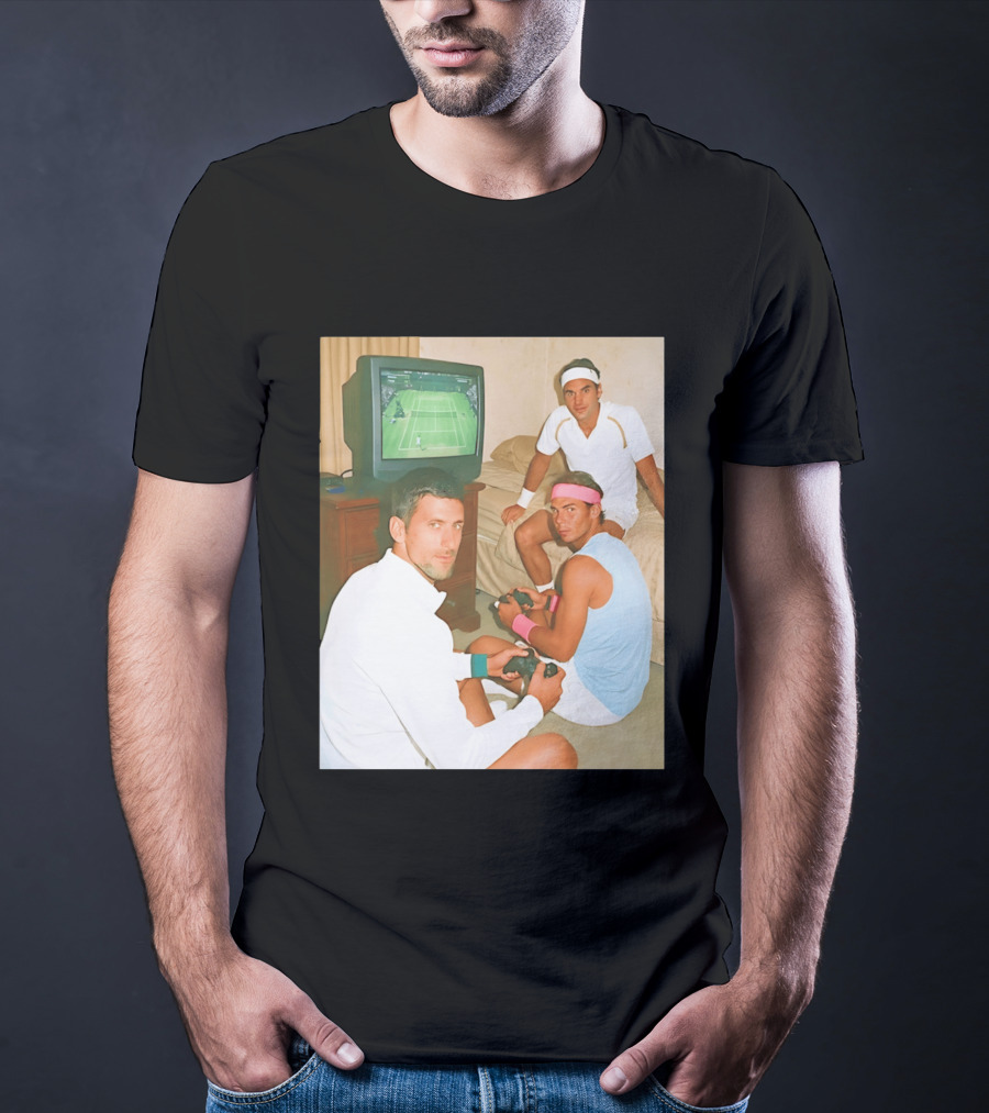Novak Djokovic Rafael Nadal Roger Federer Playing Tennis Video Game T-Shirt