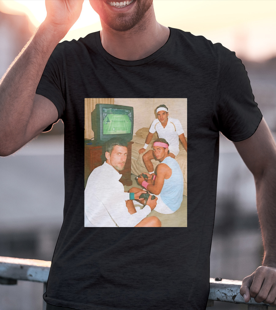 Novak Djokovic Rafael Nadal Roger Federer Playing Tennis Video Game T-Shirt