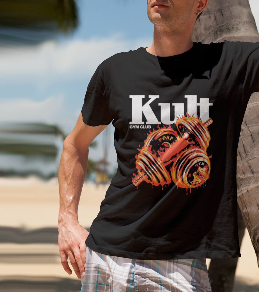 Kult Gym Club Sport Fiery Dumbbells Dripping Lava Distressed T-Shirt