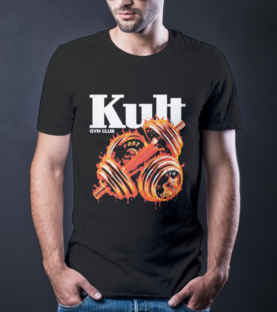 Kult Gym Club Sport Fiery Dumbbells Dripping Lava Distressed T-Shirt