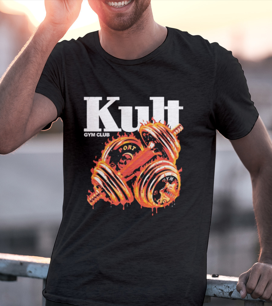 Kult Gym Club Sport Fiery Dumbbells Dripping Lava Distressed T-Shirt