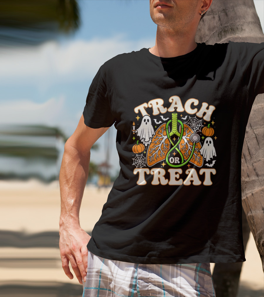 Trach Or Treat Lungs Stethoscope Ghosts Pumpkins Spider Webs Halloween Cartoon T-Shirt