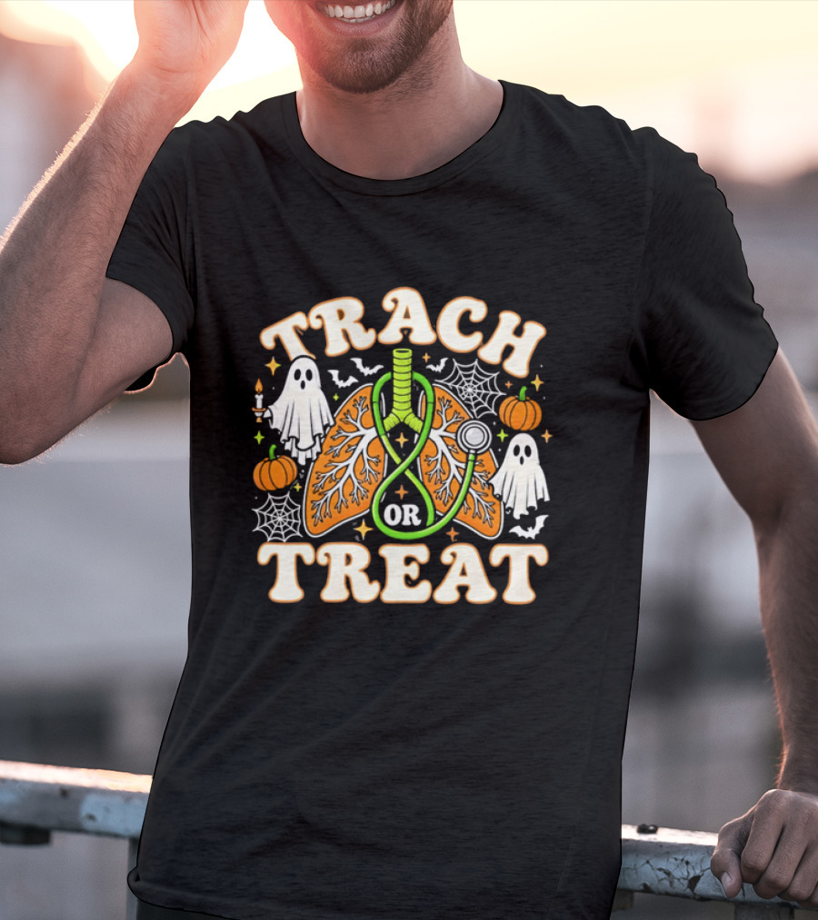 Trach Or Treat Lungs Stethoscope Ghosts Pumpkins Spider Webs Halloween Cartoon T-Shirt