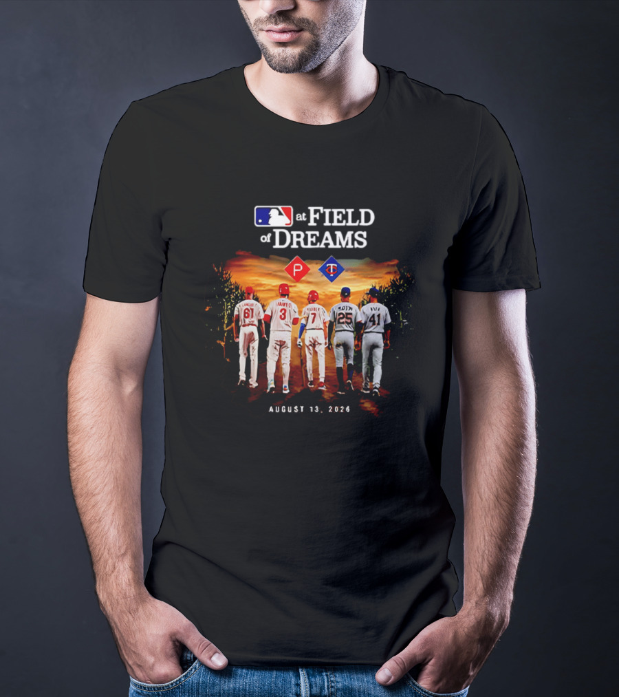 MLB At Field Of Dreams August 13 2026 Philadelphia Minnesota Players Walking Into Cornfield T-Shirt