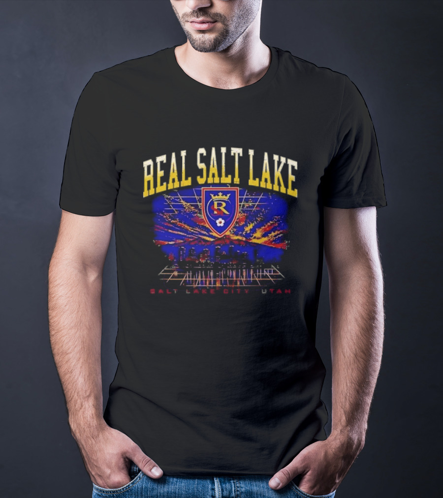 Real Salt Lake City Utah Skyline Crest Sunset Grid Distressed T-Shirt