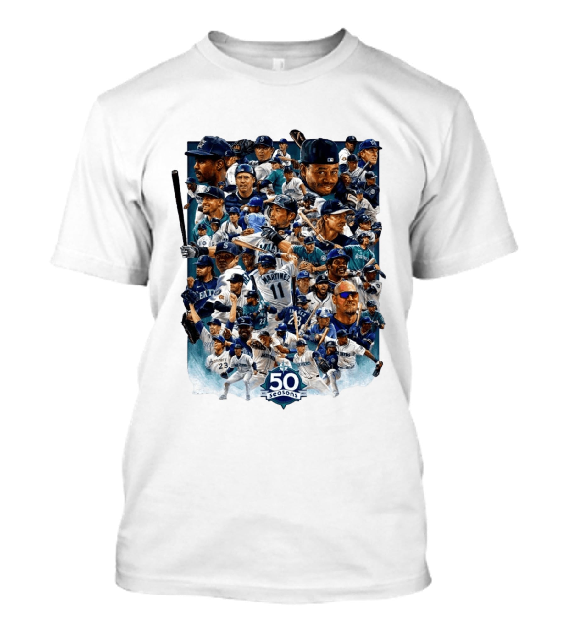 Seattle Mariners 50 Seasons Collage MLB Players Legends And Moments T-Shirt