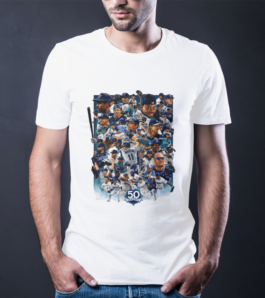 Seattle Mariners 50 Seasons Collage MLB Players Legends And Moments T-Shirt