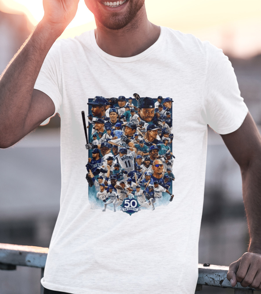 Seattle Mariners 50 Seasons Collage MLB Players Legends And Moments T-Shirt