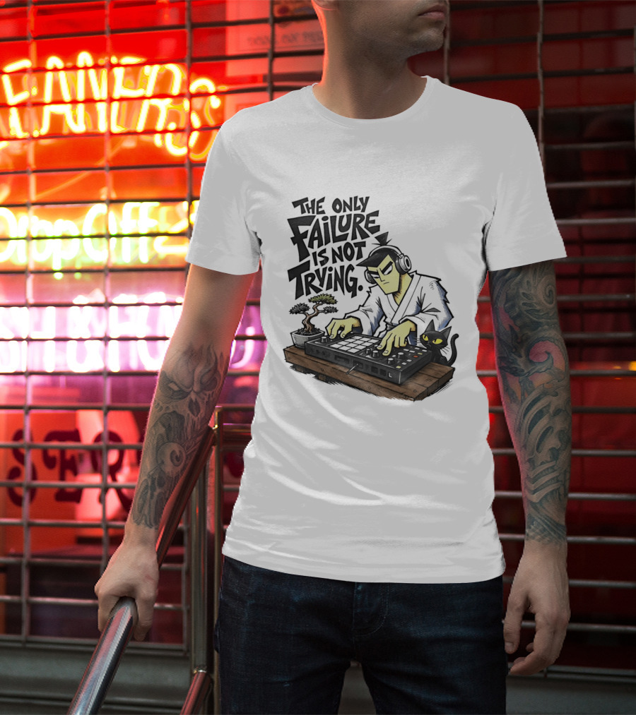 The Only Failure Is Not Trying Samurai DJ With Cat And Bonsai T-Shirt