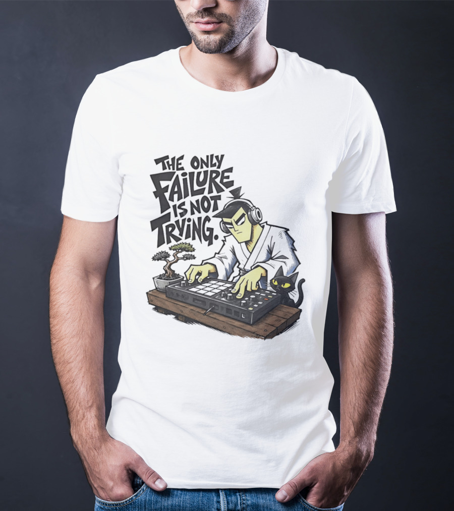 The Only Failure Is Not Trying Samurai DJ With Cat And Bonsai T-Shirt