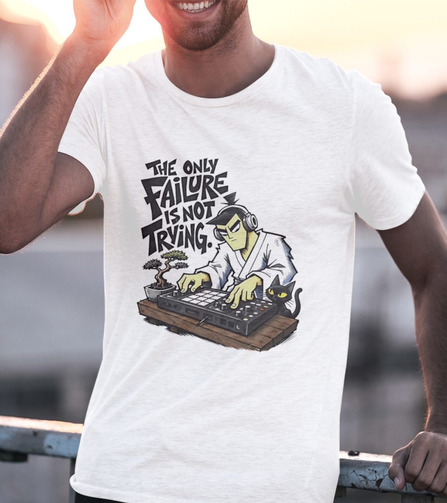 The Only Failure Is Not Trying Samurai DJ With Cat And Bonsai T-Shirt