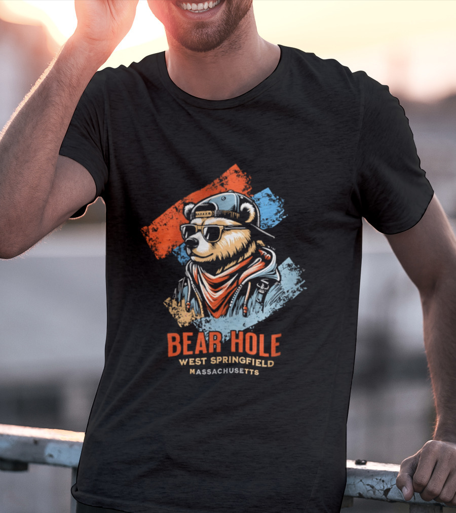Bear Hole West Springfield Massachusetts Bear Wearing Sunglasses Cap Bandana Distressed T-Shirt