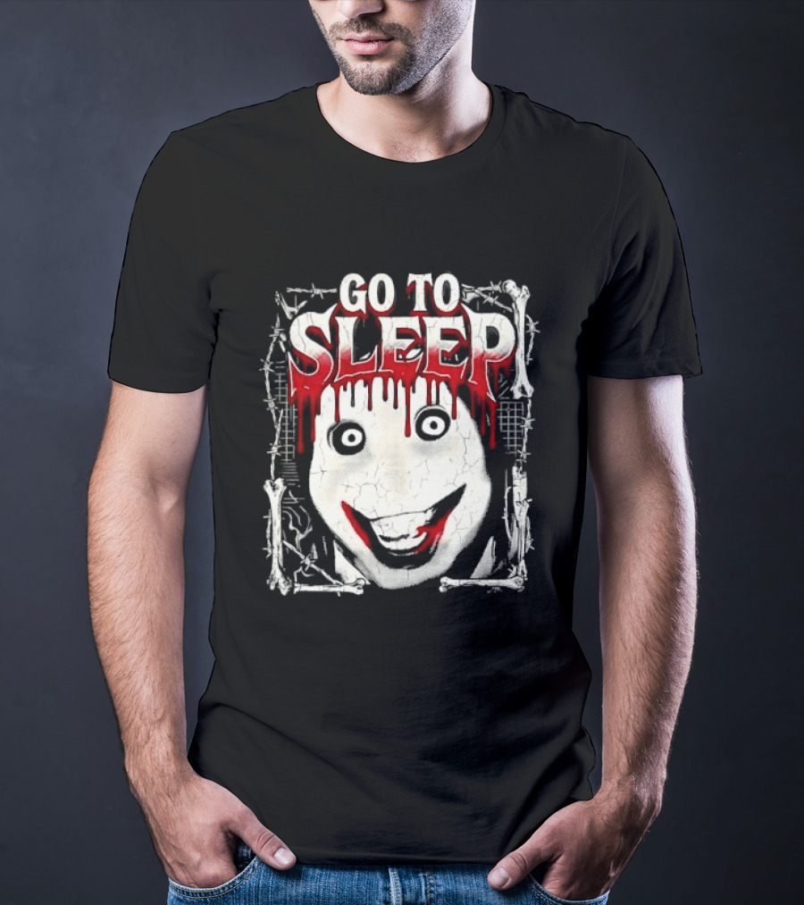 Go To Sleep Creepy Pale Face Bloody Smile Barbed Wire Bones T-Shirt